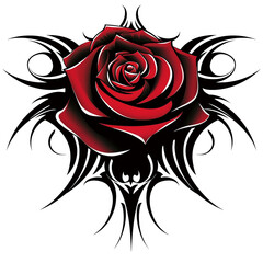 Vibrant red roses are depicted with bold black swirls and accents, creating a striking contrast against a white background. The design combines elegance with artistic flair.