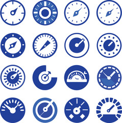 Collection of blue circular gauge and meter icons for dashboard design