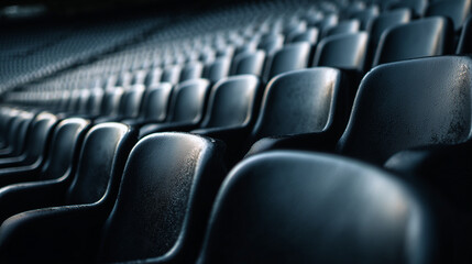Fototapeta premium Rows of black football stadium seats arranged uniformly. Captures energy, passion, and anticipation of a match day in a vibrant, structured sports environment.