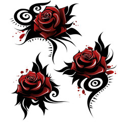 Vibrant red roses are depicted with bold black swirls and accents, creating a striking contrast against a white background. The design combines elegance with artistic flair.