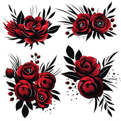 Vibrant red roses are depicted with bold black swirls and accents, creating a striking contrast against a white background. The design combines elegance with artistic flair.
