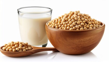 soybeans or soya bean in a wooden bowl and soy milk isolated on white background