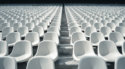 Obraz premium Rows of white football stadium seats arranged in clean formation. Captures minimalism, order, and anticipation in a sports arena setting with a monochrome visual style.