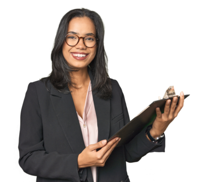Latina businesswoman holding a report in studio