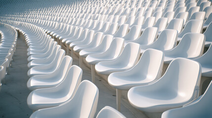 Rows of white football stadium seats arranged in clean formation. Captures minimalism, order, and anticipation in a sports arena setting with a monochrome visual style.