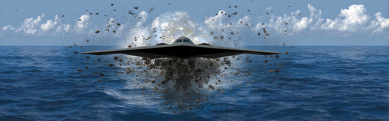 Stealth bomber releasing six SDBs in precise fan-out pattern with laser designation dot blinking, target building showing stress fractures amidst chaos and destruction.