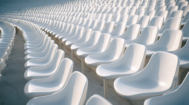 Rows of white football stadium seats arranged in clean formation. Captures minimalism, order, and anticipation in a sports arena setting with a monochrome visual style.