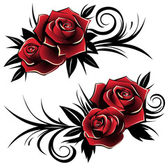 Vibrant red roses are depicted with bold black swirls and accents, creating a striking contrast against a white background. The design combines elegance with artistic flair.