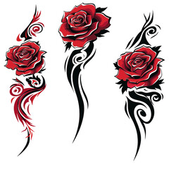 Vibrant red roses are depicted with bold black swirls and accents, creating a striking contrast against a white background. The design combines elegance with artistic flair.