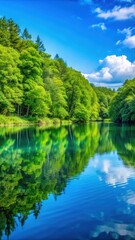 Serene lake with vibrant blue waters reflecting a picturesque surrounding of lush greenery and towering trees