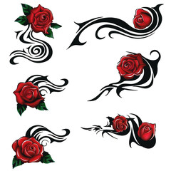 Vibrant red roses are depicted with bold black swirls and accents, creating a striking contrast against a white background. The design combines elegance with artistic flair.