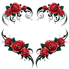 Vibrant red roses are depicted with bold black swirls and accents, creating a striking contrast against a white background. The design combines elegance with artistic flair.