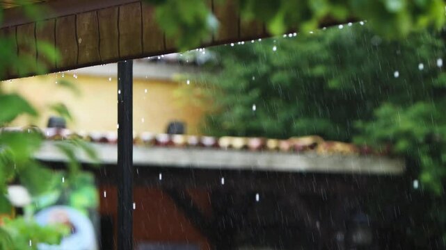 Raindrops falling under the eaves of a roof, a rainy landscape, a summer shower falling on a tree, and a relaxing rain sound ASMR
