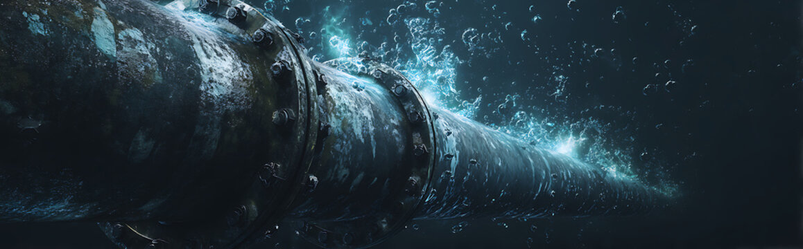 Damaged underwater oil pipeline leaking methane gas with robotic drones attempting repairs, ominous bubbles creating chaotic environmental disaster scene.