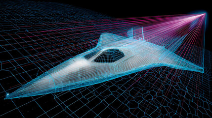 Quantum radar system detecting stealth aircraft with glowing purple particle trails and hexagonal grid overlay, advanced military technology concept with digital visualization.