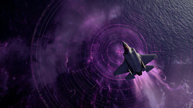 Quantum radar system detecting stealth aircraft with glowing purple particle trails and hexagonal grid overlay, advanced military technology concept with digital visualization. - Powered by Adobe