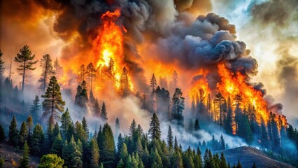 forest wildfire spreading across hillside with intense flames and smoke