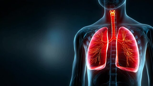 A digital illustration showing the human upper torso with highlighted lungs and respiratory system on a dark background.