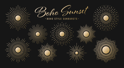 Vintage golden sunburst, sunset beams collection. Boho style, modern minimalist bohemian design. Hand drawn bursting sun, light rays. Logotype or lettering retro design element. Vector illustration