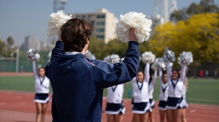 Cheerleading coach enthusiastically rallies squad on sidelines, motivating them with pom poms in vibrant outdoor setting. energy is palpable as team prepares for their performance