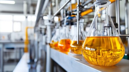 engineers in lab coats analyzing biofuel samples, clean scientific setting,