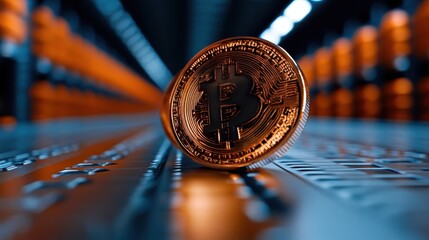 A stunning representation of a Bitcoin coin resting on a metallic surface, illuminated by ambient lighting in a high-tech environment symbolizing digital currency and innovation.