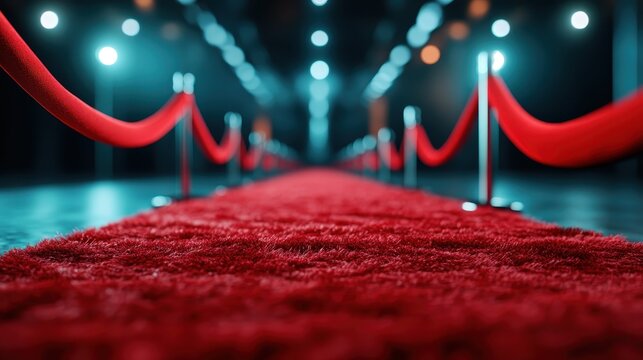 A dramatic shot of a red carpet lined with ropes, inviting guests to a glamorous event, symbolizing prestige and celebration in a stylish setting.