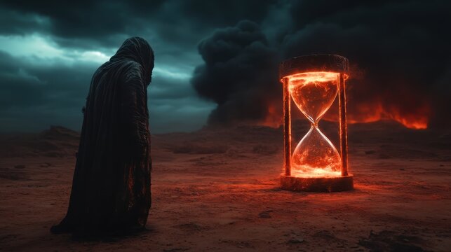 A haunting image of a cloaked figure standing beside a glowing hourglass in a dark and dramatic landscape, symbolizing time, mystery, and the unknown.
