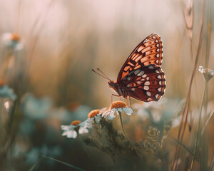 Obraz premium butterfly sits onwhite flowers and green bits of grass,The background