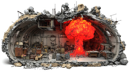 Cutaway view of advanced bunker buster missile penetrating reinforced underground facility with concrete debris and exploding lab equipment, glowing tungsten penetrator and engineering blueprint overl