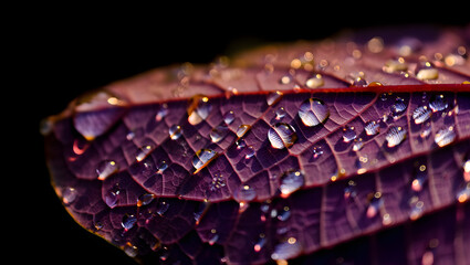 Water droplets shimmer on a purple leaf in a dark setting