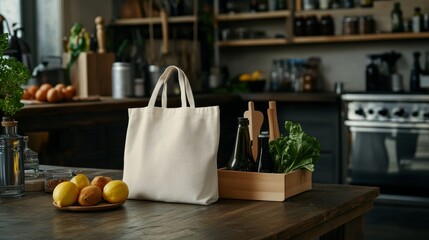 flat lay of low waste living toolkit: tote bag, produce bag, wooden brush, all zero waste