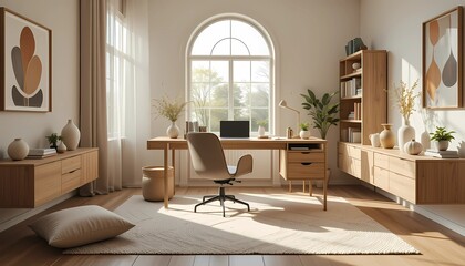 Modern cozy home office with floating oak desk, ergonomic chair, minimalist decor, and natural daylight through arched window

