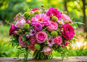 Obraz premium Vibrant pink flowers arranged in a loose bouquet with lush greenery and branches