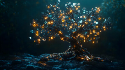 Fototapeta premium Mystical tree with glowing lights in enchanted forest setting