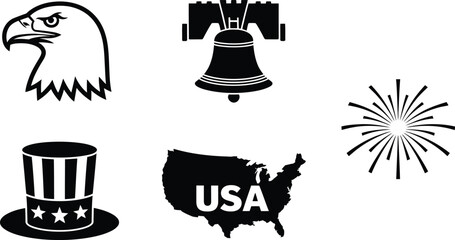 American patriotism icons eagle liberty bell fireworks uncle sam hat usa map