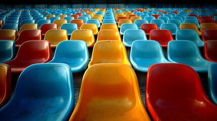 Naklejka premium Colorful football stadium seats arranged in rows. Captures vibrant atmosphere, energy, and anticipation of sports events in a symmetrical and eye-catching composition.