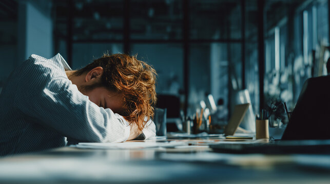 A tired employee resting at an office desk, showing signs of fatigue and burnout. Captures workplace stress, exhaustion, and the pressure of modern professional life.