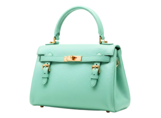 Mint green leather kelly handbag isolated on transparent background