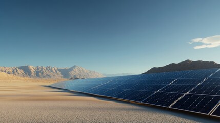 futuristic solar panel installation in desert landscape, clean renewable energy concept, high-efficiency solar cells, clear blue sky,