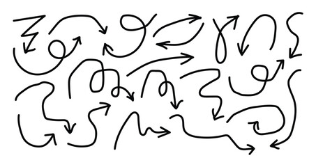 Arrows hand drawn doodle icons set. pencil arrow doodles set - hand drawn swirls, curved lines, chaotic pointers. Curved cartoon arrows sketches collection. Sign, Symbol, Hand drawn arrow collection
