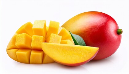 fresh mango whole with half cut slice on white background