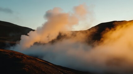 geothermal energy plant in Iceland landscape, steaming ground, alternative energy production, natural surroundings,