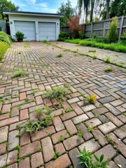 Dirt and debris covered paver driveway with weeds overgrown