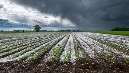 field covered in hail after storm row crops damaged by hail overcast skies and heavy rain falling on field damaged farm crop