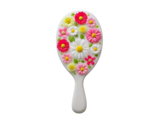 White hand mirror decorated with colorful flowers, Isolated On White, Png Transparent