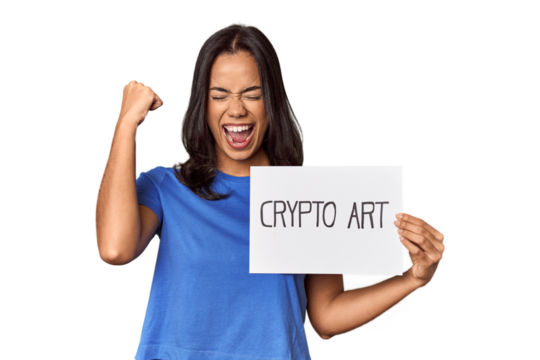 Woman with "crypto art" sign in studio raising fist after a victory, winner concept.