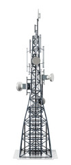 Steel telecommunications tower with satellite dishes on transparent background. 3D illustration