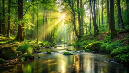 Obraz premium Serene forest stream surrounded by tall trees and lush greenery