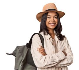 Traveling Filipino young woman with vintage camera